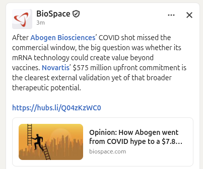 BioSpace report on Abogen Biosciences and Novartis deal