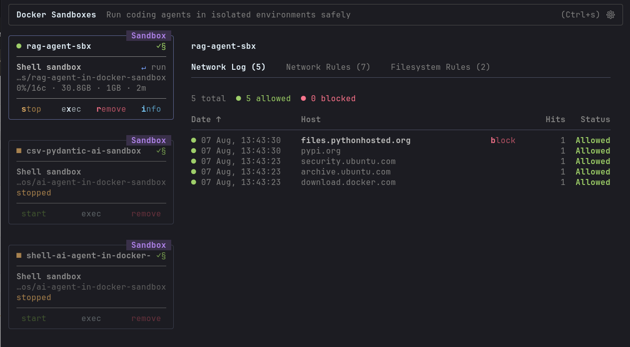 The sbx TUI dashboard showing the running RAG agent sandbox