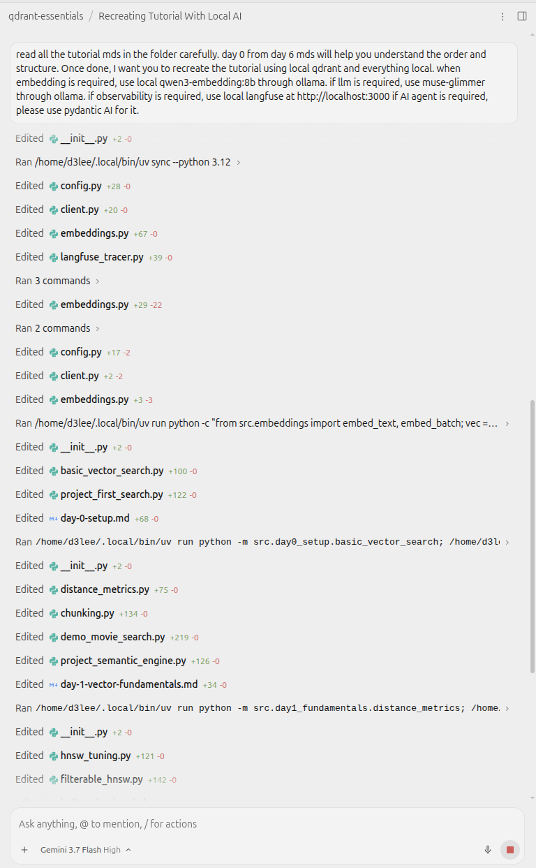 Prompting Antigravity to tailor the Qdrant tutorial to my local stack and experience
