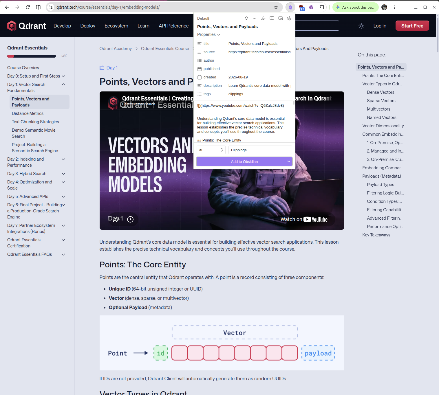 Obsidian Web Clipper capturing the Qdrant Essentials course page