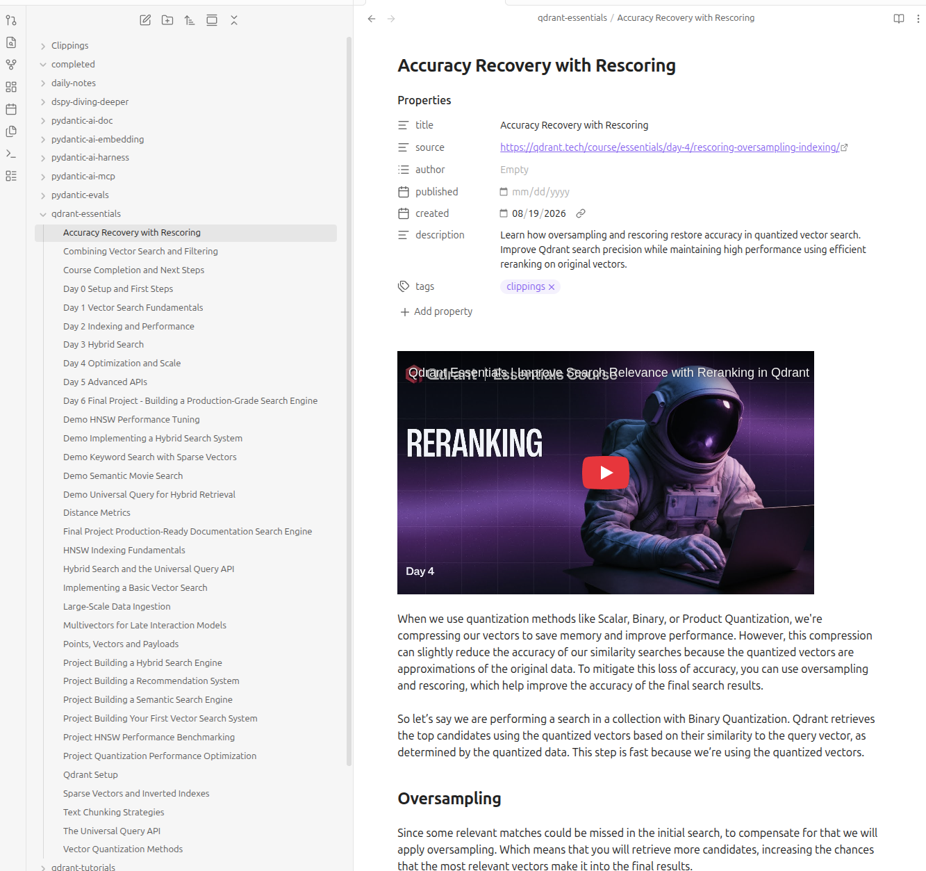 The Qdrant Essentials tutorial fully captured in Obsidian as a markdown note