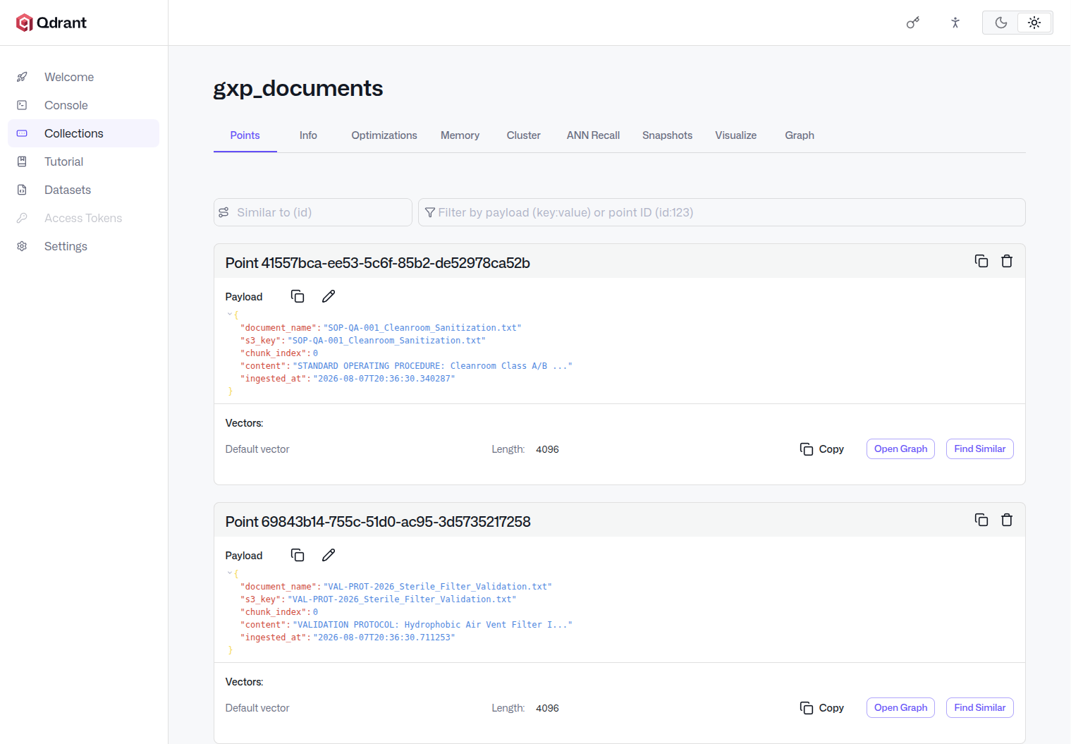 Qdrant vector database with document embeddings indexed