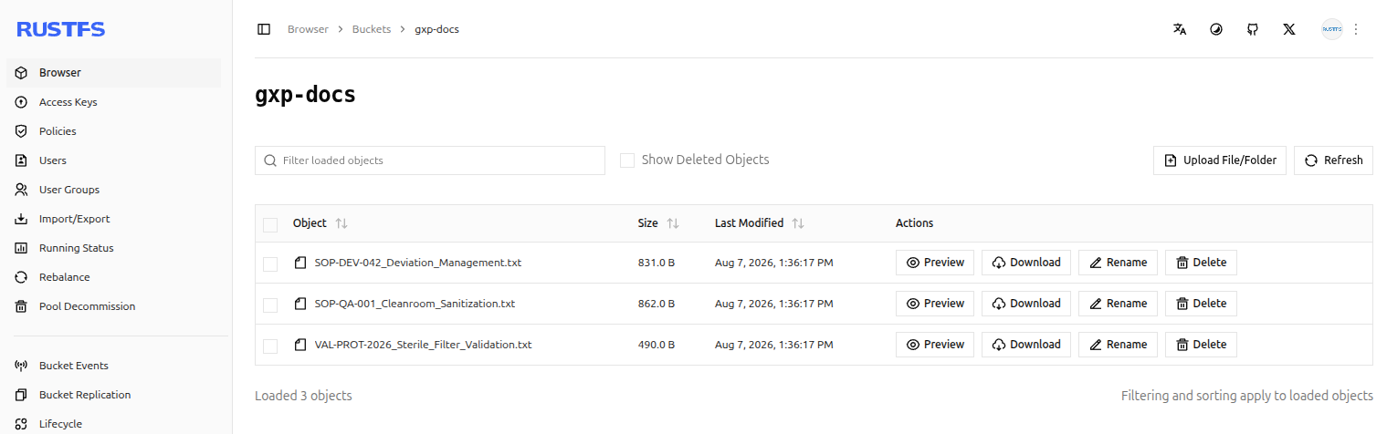 RustFS S3 object storage holding GxP documents